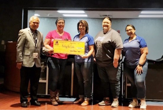 Relay for Life organizers show off their Tachi Palace Hotel and Casino check presented to them at monthly community breakfast. (L to R) Florandy Lopez, Santa Rosa rep.), Charlene Cardoza, Lorie Heaten, Jennifer Baze, and Elisa Ramos.